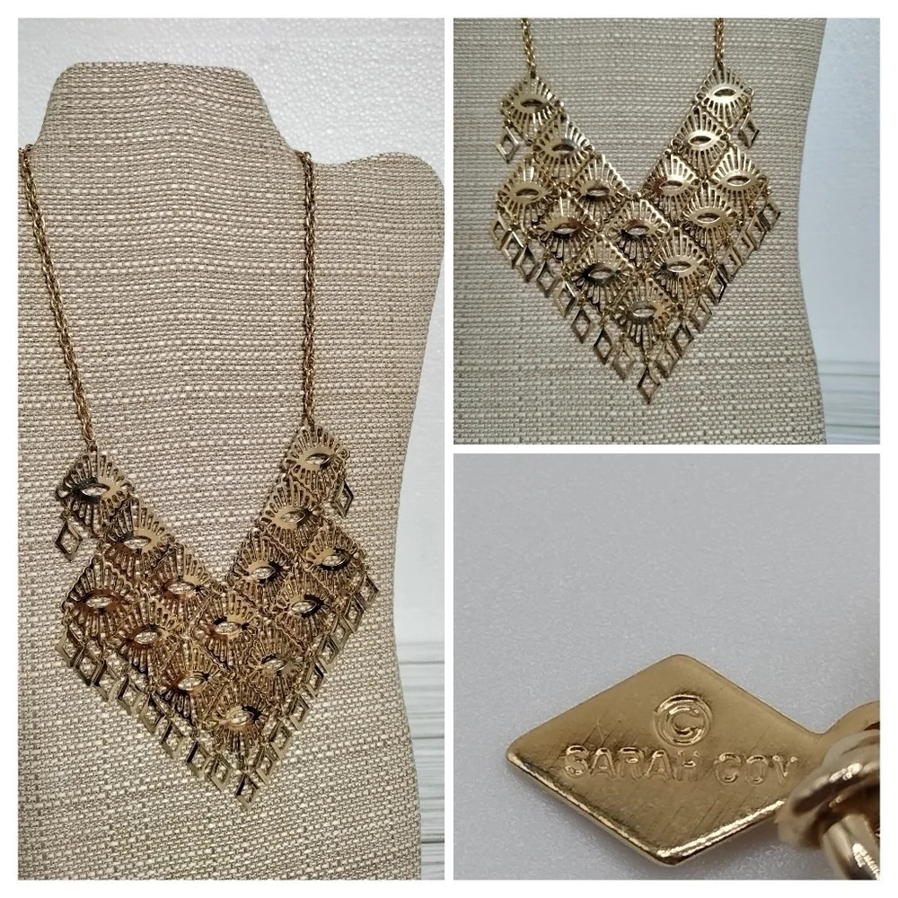 Sarah Coventry Gold Tone Filigree Chevron Bib Necklace